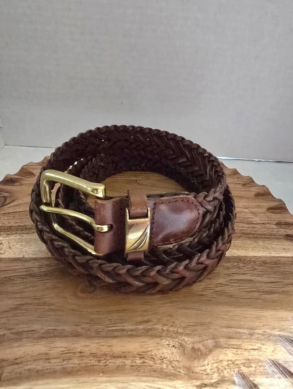 NAUTICA Men's Brown Braided Leather Belt Size 42 Brass Roller Buckle 1 1/4"Wide.